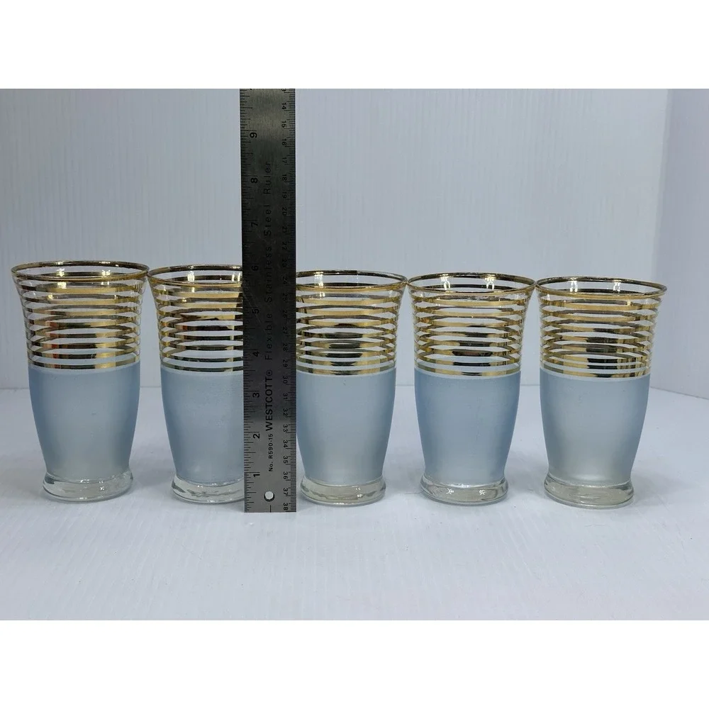 Mid Century Modern MCM Frosted Glass Turquoise Blue Gold Stripe SET 5